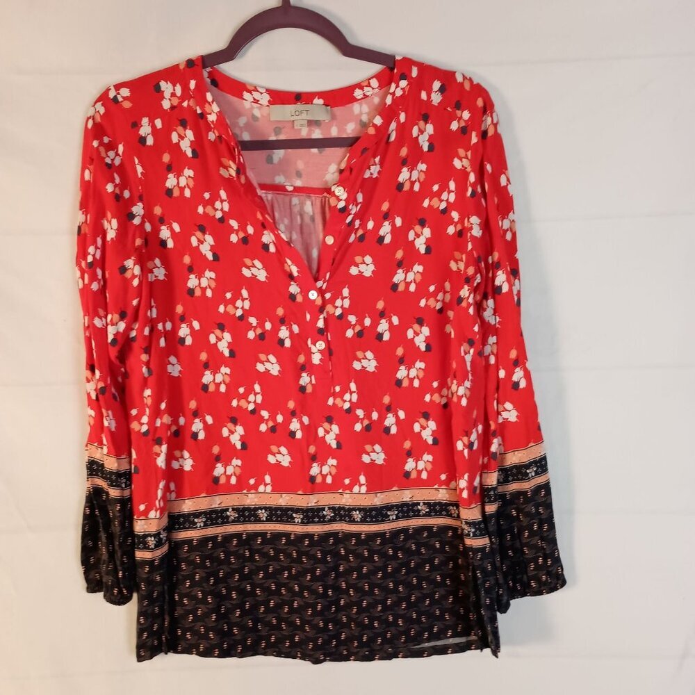 Ann Taylor Loft Floral Border Henley Blouse Red Blue Size S Top - Picture 7 of 7